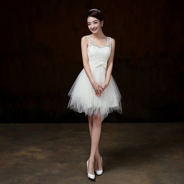 Elegant Strap Evening White Color Beading Prom Tutu Bridesmaid Dress