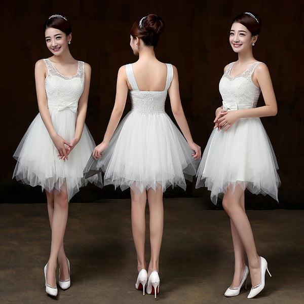 Elegant Strap Evening White Color Beading Prom Tutu Bridesmaid Dress