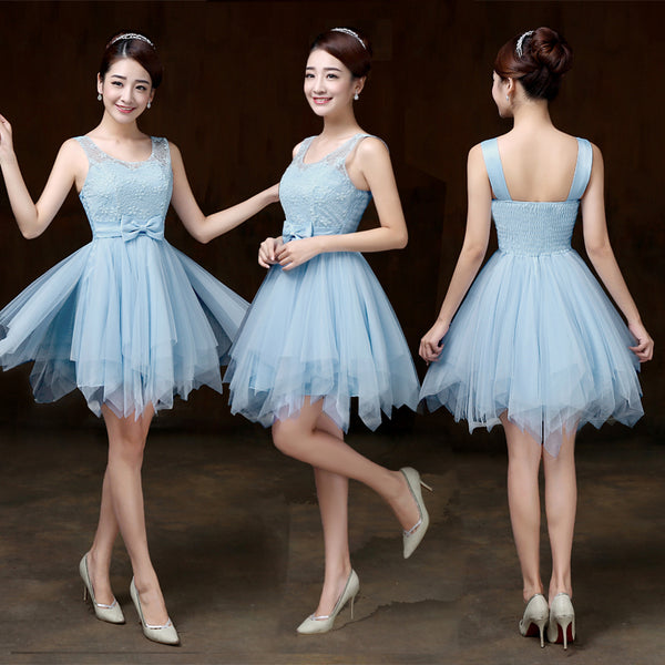 Elegant Strap Evening Light Blue Color Beading Prom Tutu Bridesmaid Dress