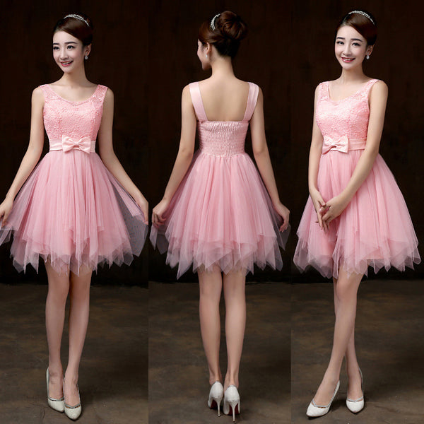 Elegant Strap Evening Light Pink Color Beading Prom Tutu Bridesmaid Dress
