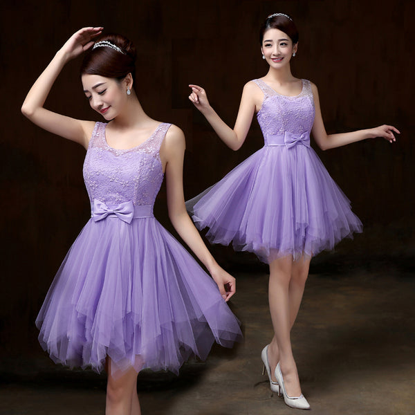 Elegant Strap Evening Purple Color Beading Prom Tutu Bridesmaid Dress