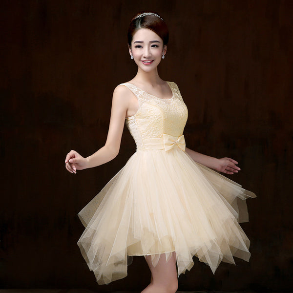 Elegant Strap Evening Light Yellow Color Beading Prom Tutu Bridesmaid Dress
