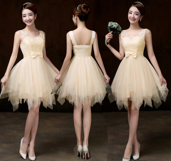 Elegant Strap Evening Light Yellow Color Beading Prom Tutu Bridesmaid Dress