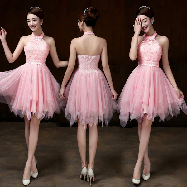 Evening Party Halter Light Pink Color Beading Prom Tutu Bridesmaid Dress