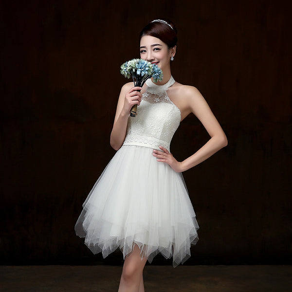 Evening Party Halter White Color Beading Prom Tutu Bridesmaid Dress