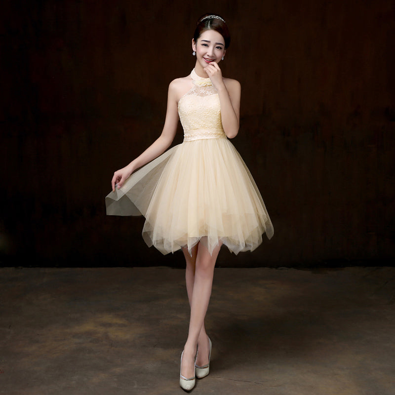 Evening Party Halter Light Yellow Color Beading Prom Tutu Bridesmaid Dress