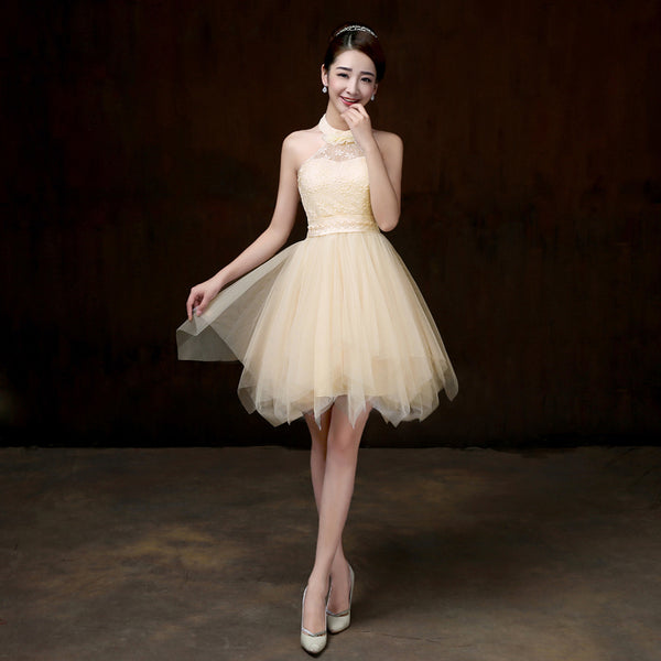 Evening Party Halter Light Yellow Color Beading Prom Tutu Bridesmaid Dress