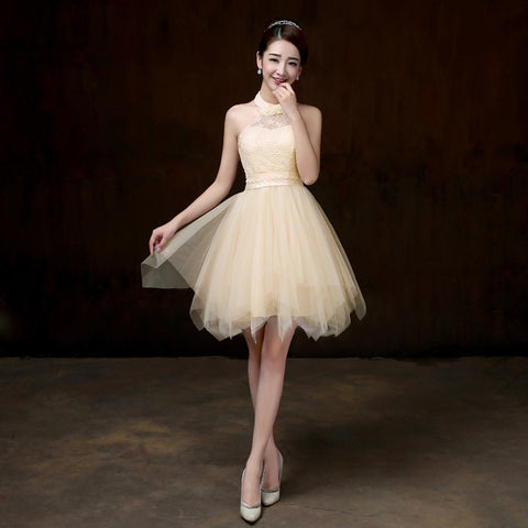 Evening Party Halter Light Yellow Color Beading Prom Tutu Bridesmaid Dress