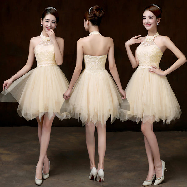 Evening Party Halter Light Yellow Color Beading Prom Tutu Bridesmaid Dress
