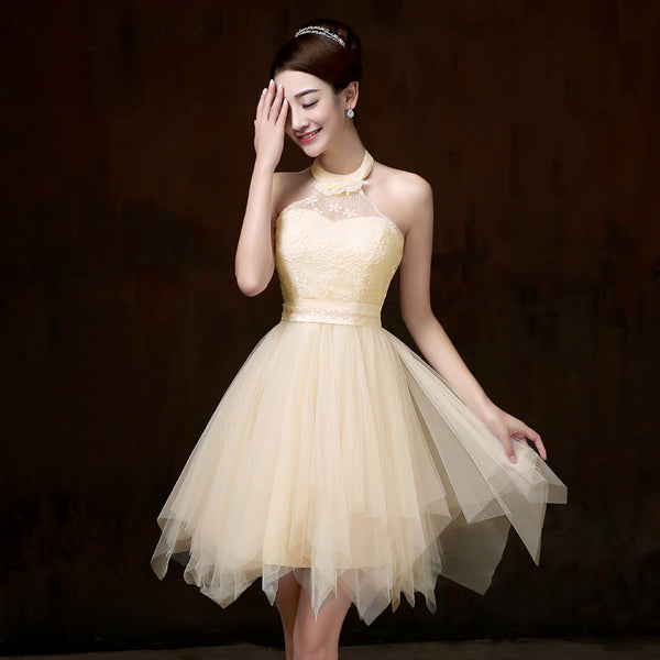 Evening Party Halter Light Yellow Color Beading Prom Tutu Bridesmaid Dress