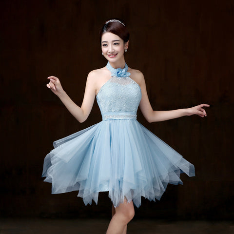Evening Party Halter Light Blue Color Beading Prom Tutu Bridesmaid Dress