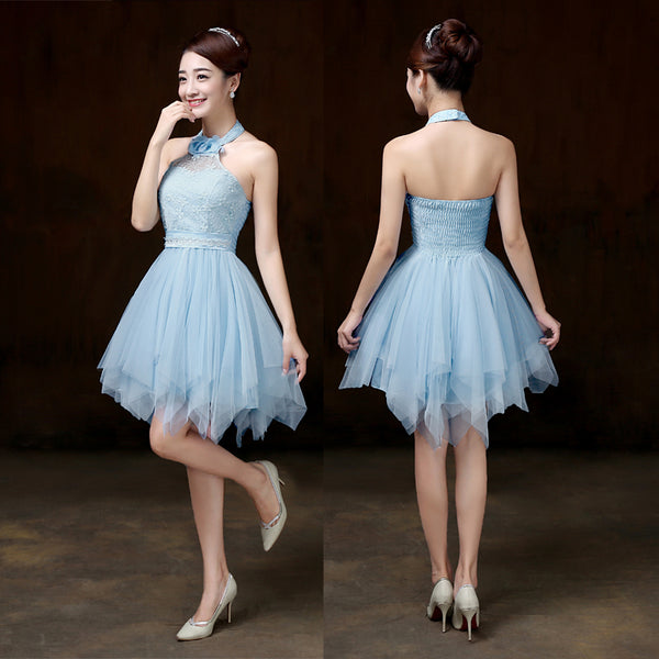 Evening Party Halter Light Blue Color Beading Prom Tutu Bridesmaid Dress