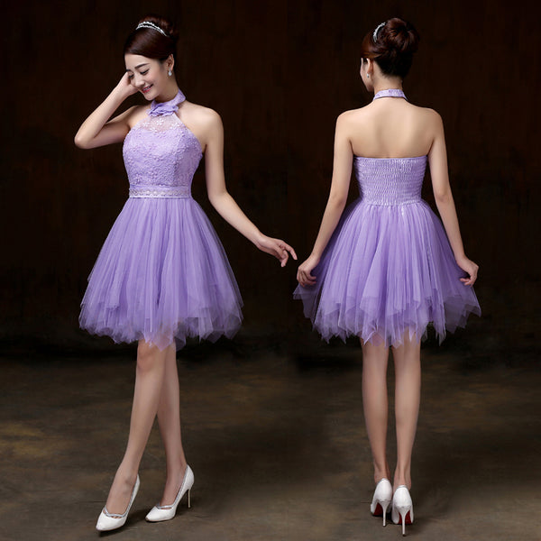 Evening Party Halter Purple Color Beading Prom Tutu Bridesmaid Dress