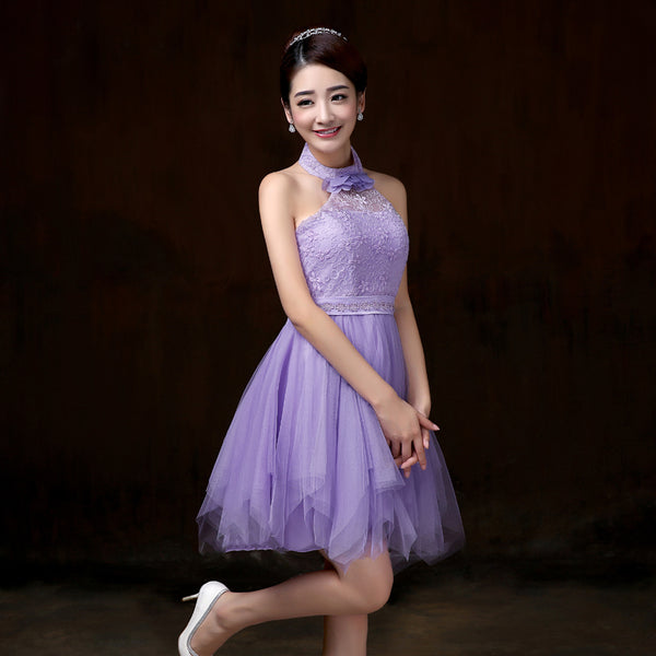 Evening Party Halter Purple Color Beading Prom Tutu Bridesmaid Dress
