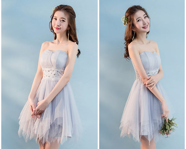 Beautiful Strapless Evening Grey Gray Color Beading Prom Tutu Bridesmaid Dress