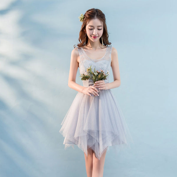 Elegant Strap Evening Gray Beading Prom Tutu Bridesmaid Dress