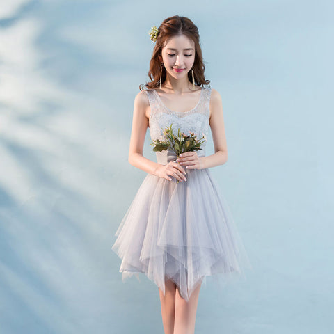 Elegant Strap Evening Gray Beading Prom Tutu Bridesmaid Dress