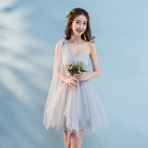 Attractive One Shoulder Evening Gray Front Bow Prom Tutu Bridesmaid Dress