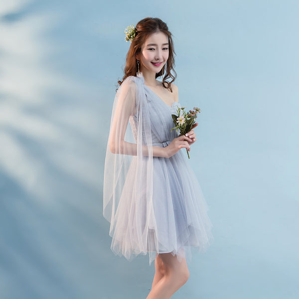 Attractive One Shoulder Evening Gray Front Bow Prom Tutu Bridesmaid Dress