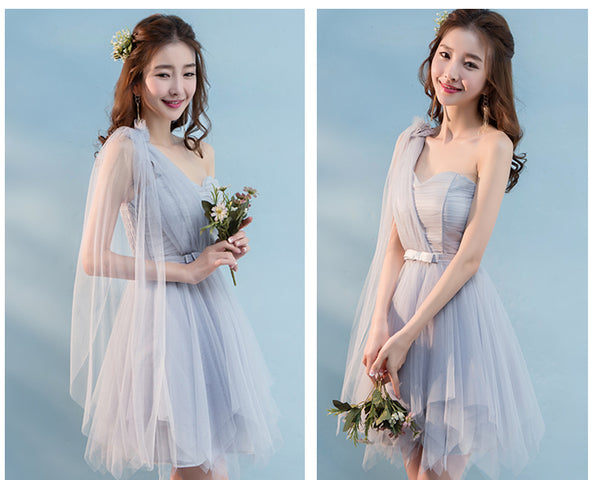 Attractive One Shoulder Evening Gray Front Bow Prom Tutu Bridesmaid Dress