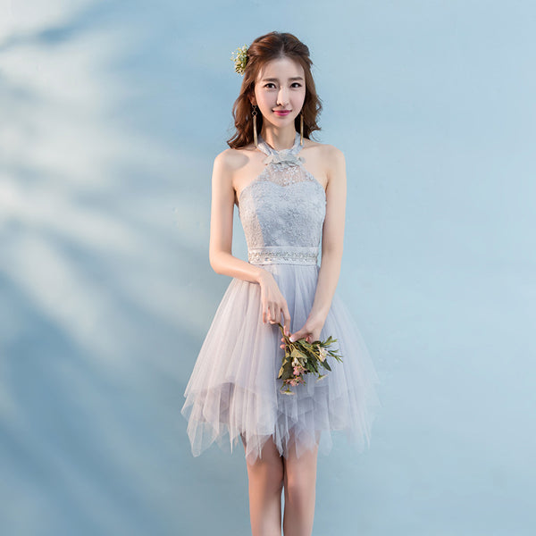 Evening Party Halter Light Gray Prom Tutu Bridesmaid Dress