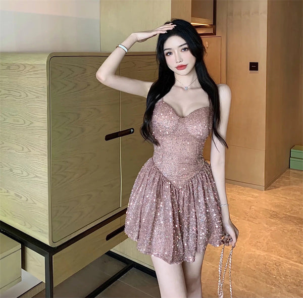 Temperament Sexy Spaghetti Strap Neck Blink Sequins Waist Backless Pink Party Dress