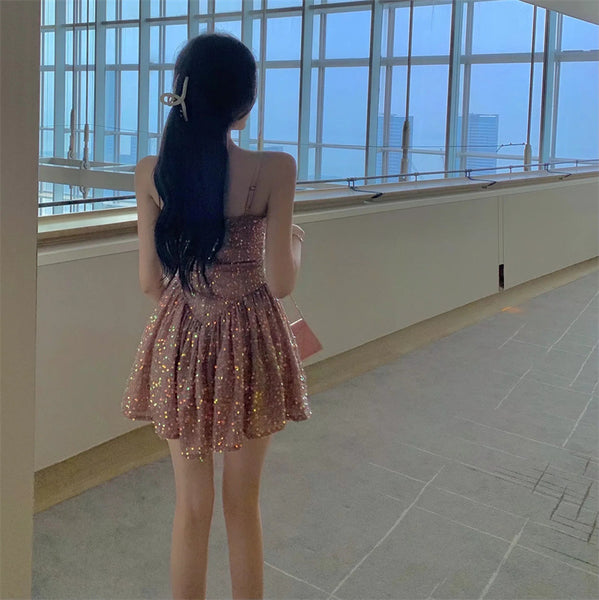 Temperament Sexy Spaghetti Strap Neck Blink Sequins Waist Backless Pink Party Dress