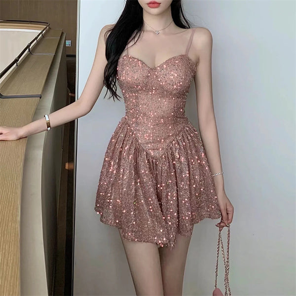 Temperament Sexy Spaghetti Strap Neck Blink Sequins Waist Backless Pink Party Dress
