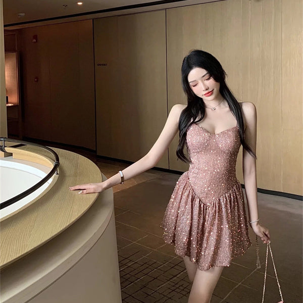 Temperament Sexy Spaghetti Strap Neck Blink Sequins Waist Backless Pink Party Dress