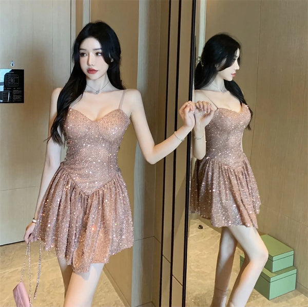 Temperament Sexy Spaghetti Strap Neck Blink Sequins Waist Backless Pink Party Dress