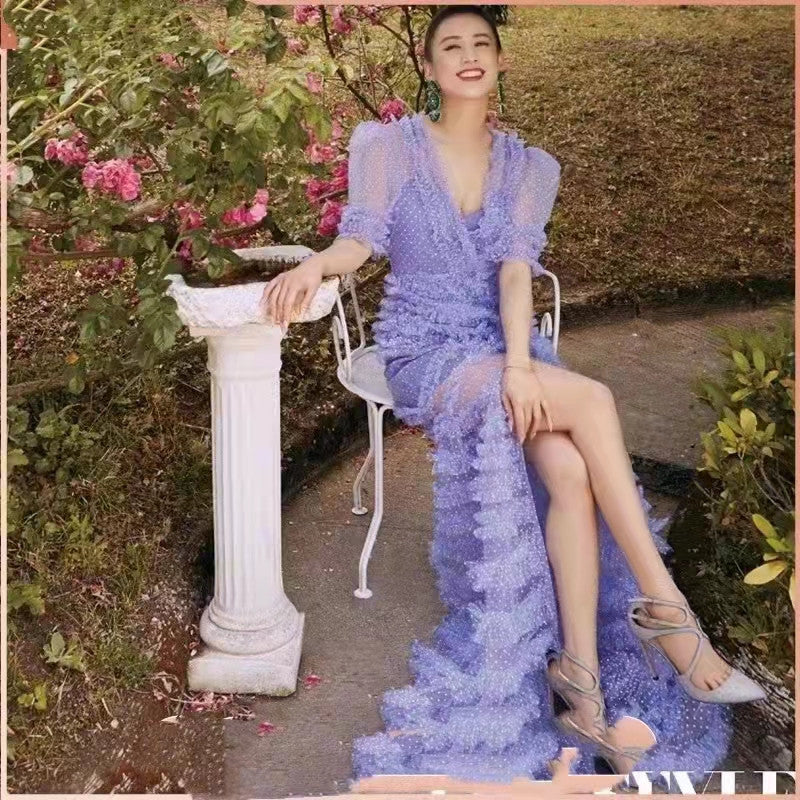 Fairy Irregular Skirt Mesh Retro Ruffled Purple Holiday Long Cake Dress