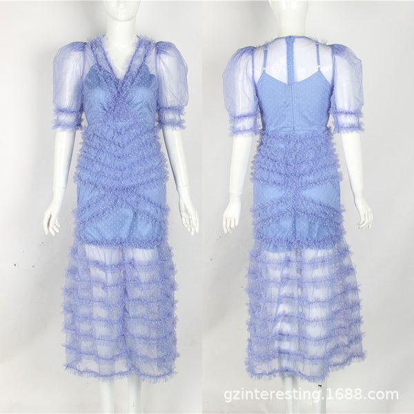 Fairy Irregular Skirt Mesh Retro Ruffled Purple Holiday Long Cake Dress