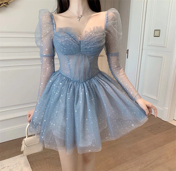 Beauty Nice Women Off Shoulder Puff Sleeved Blink Mesh Puffy Party dress