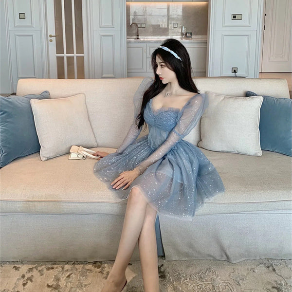 Beauty Nice Women Off Shoulder Puff Sleeved Blink Mesh Puffy Party dress