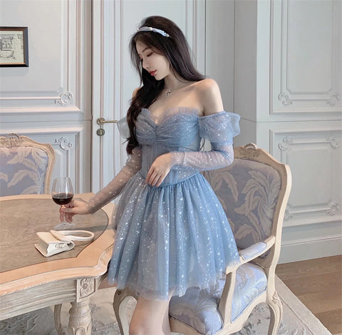 Beauty Nice Women Off Shoulder Puff Sleeved Blink Mesh Puffy Party dress