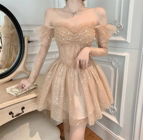 Beauty Nice Women Off Shoulder Puff Sleeved Blink Mesh Puffy Party dress