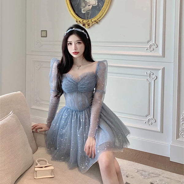 Beauty Nice Women Off Shoulder Puff Sleeved Blink Mesh Puffy Party dress