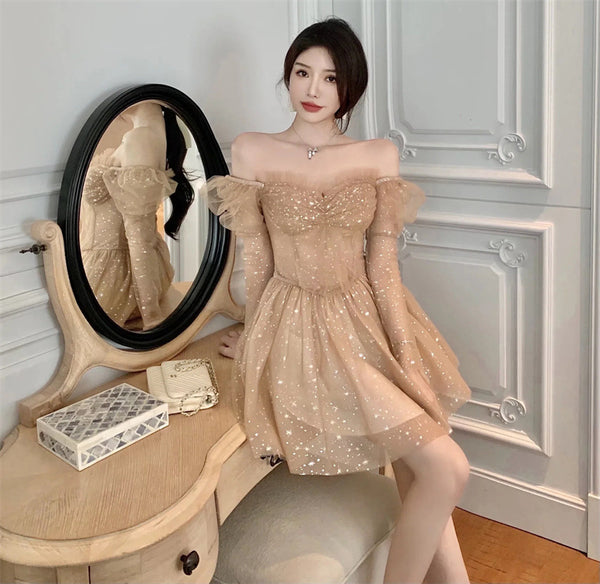 Beauty Nice Women Off Shoulder Puff Sleeved Blink Mesh Puffy Party dress