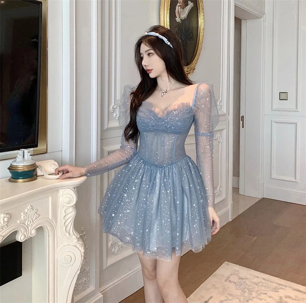 Beauty Nice Women Off Shoulder Puff Sleeved Blink Mesh Puffy Party dress