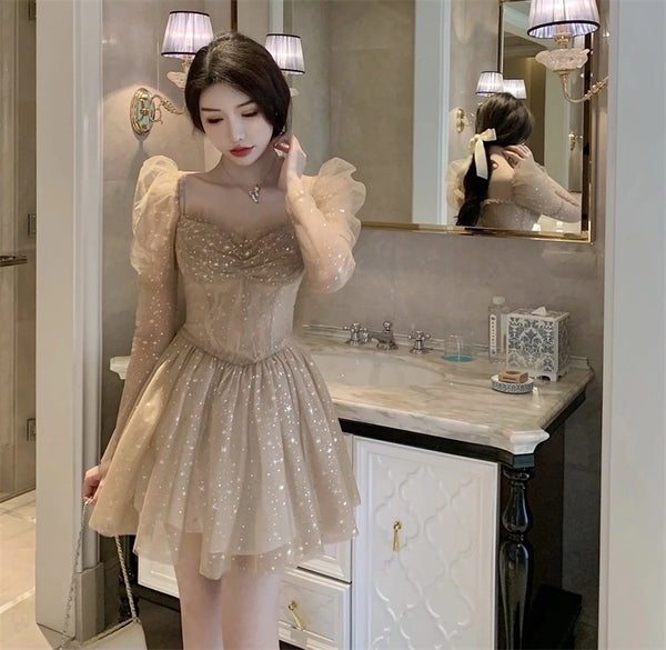 Beauty Nice Women Off Shoulder Puff Sleeved Blink Mesh Puffy Party dress