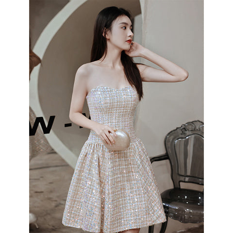 Tube Top Champagne Color Evening Women Prom Party Sweetheart Dress