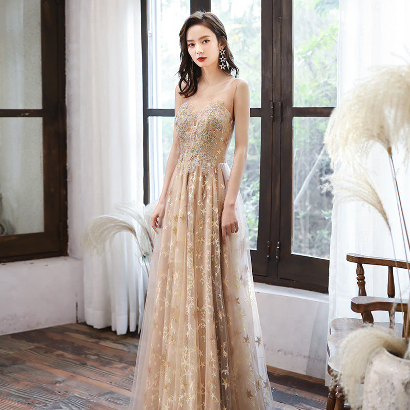 Temperament Elegant Champagne Color Birthday Party Evening Plus Size Long Dress