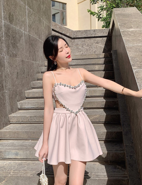 Temperament Costume Diamond Jewellery Luxury Backless Spaghetti Strap Dress