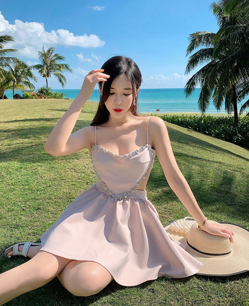 Temperament Costume Diamond Jewellery Luxury Backless Spaghetti Strap Dress