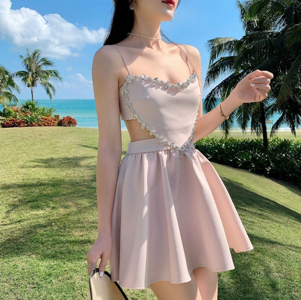 Temperament Costume Diamond Jewellery Luxury Backless Spaghetti Strap Dress