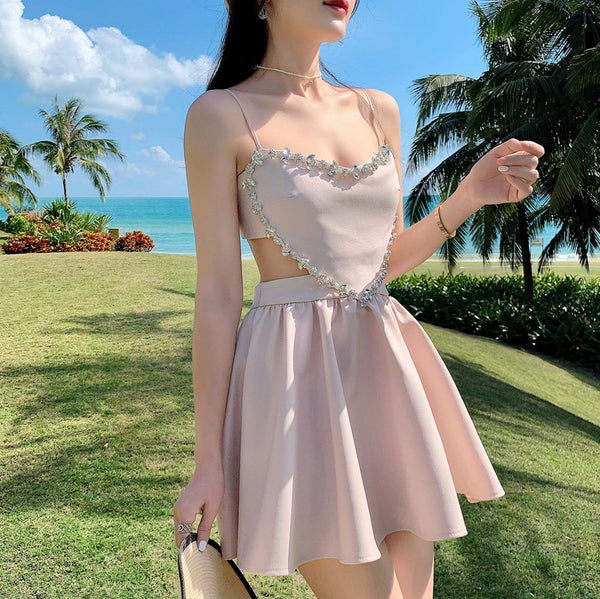 Temperament Costume Diamond Jewellery Luxury Backless Spaghetti Strap Dress