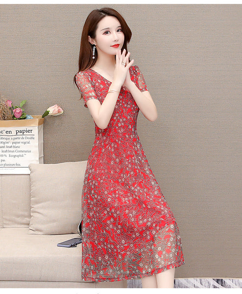 Temperament Mesh Floral Women Mid Length V Neck Summer A Line Skirt Dress