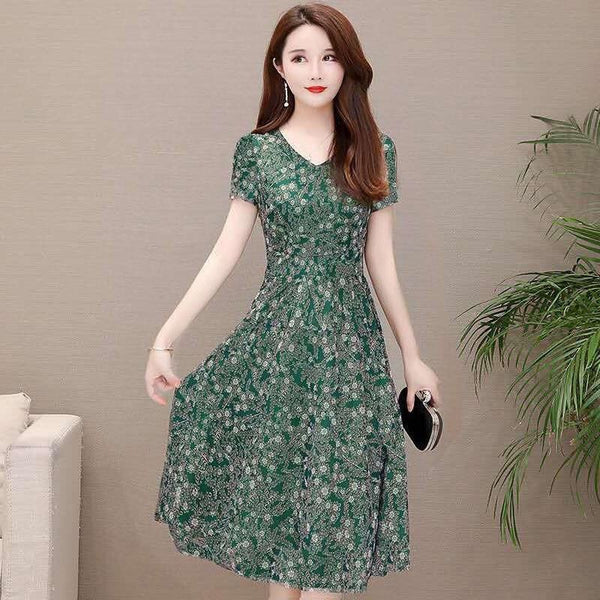 Temperament Mesh Floral Women Mid Length V Neck Summer A Line Skirt Dress