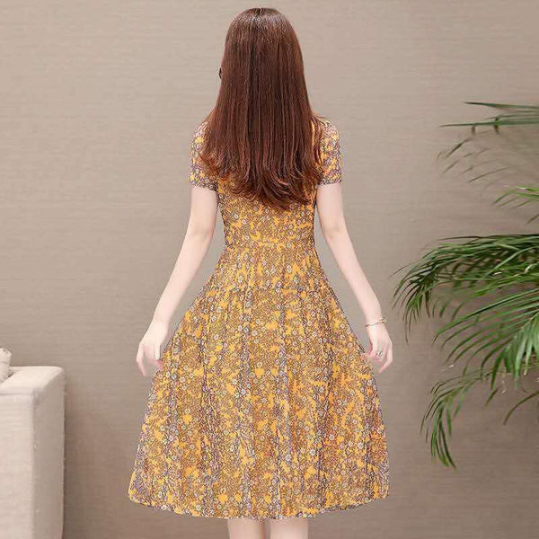 Temperament Mesh Floral Women Mid Length V Neck Summer A Line Skirt Dress