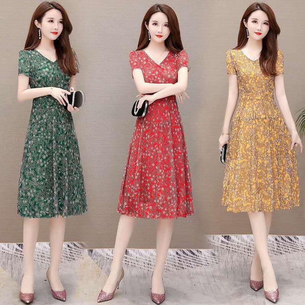 Temperament Mesh Floral Women Mid Length V Neck Summer A Line Skirt Dress